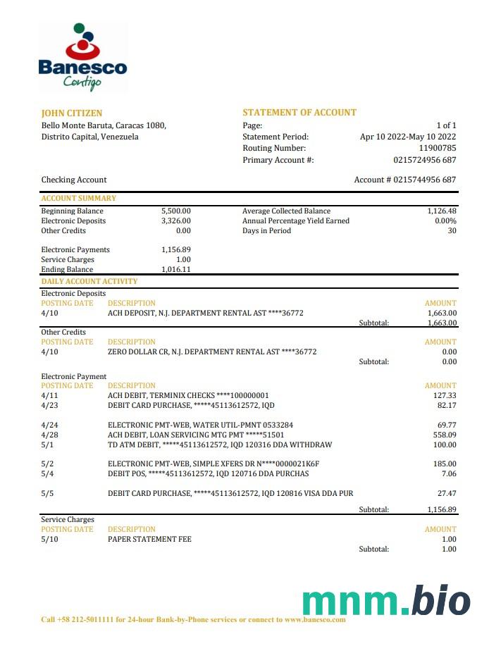 Wyciąg Banesco z Wenezueli, szablon Excel i PDF